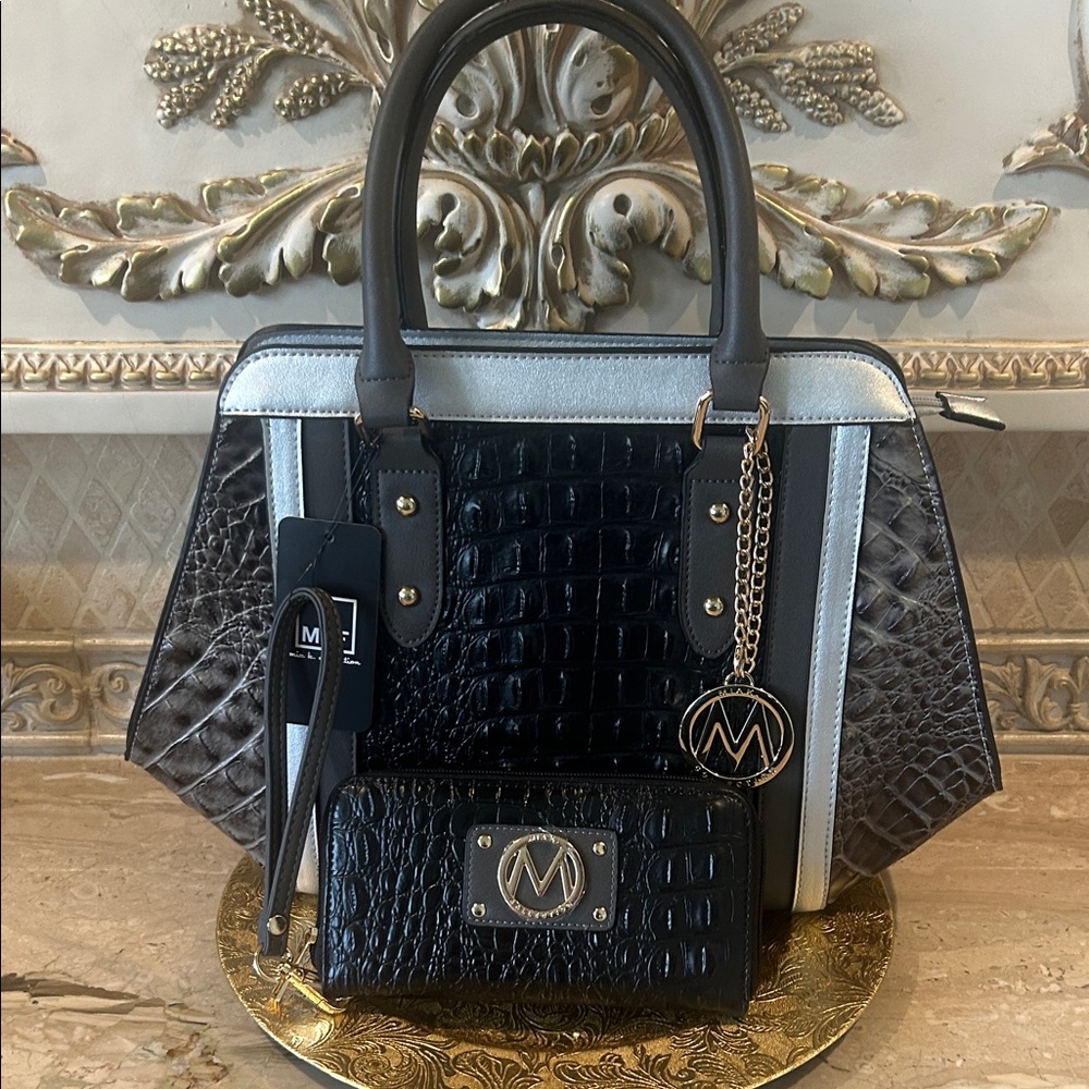 NWT MKF Faux Croc-Embossed Satchel and Wallet Set in Black and Gray